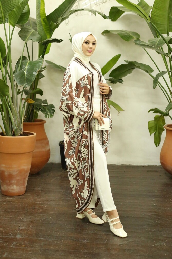 Kadın Desenli Kahve Kimono - 1