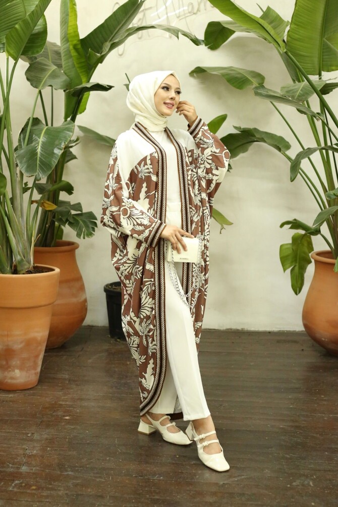 Kadın Desenli Kahve Kimono - 2