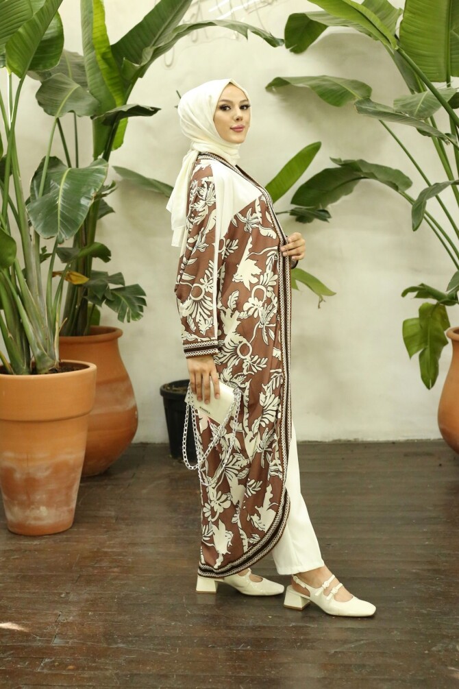 Kadın Desenli Kahve Kimono - 3