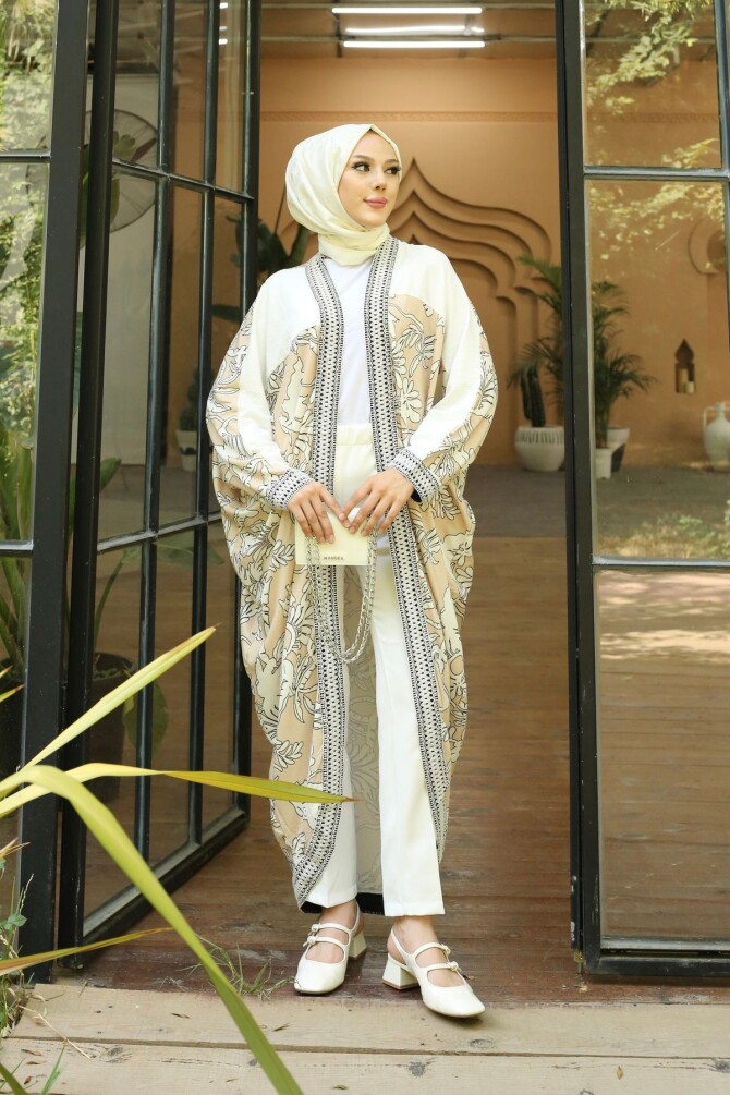 Kadın Desenli Krem Kimono - 3