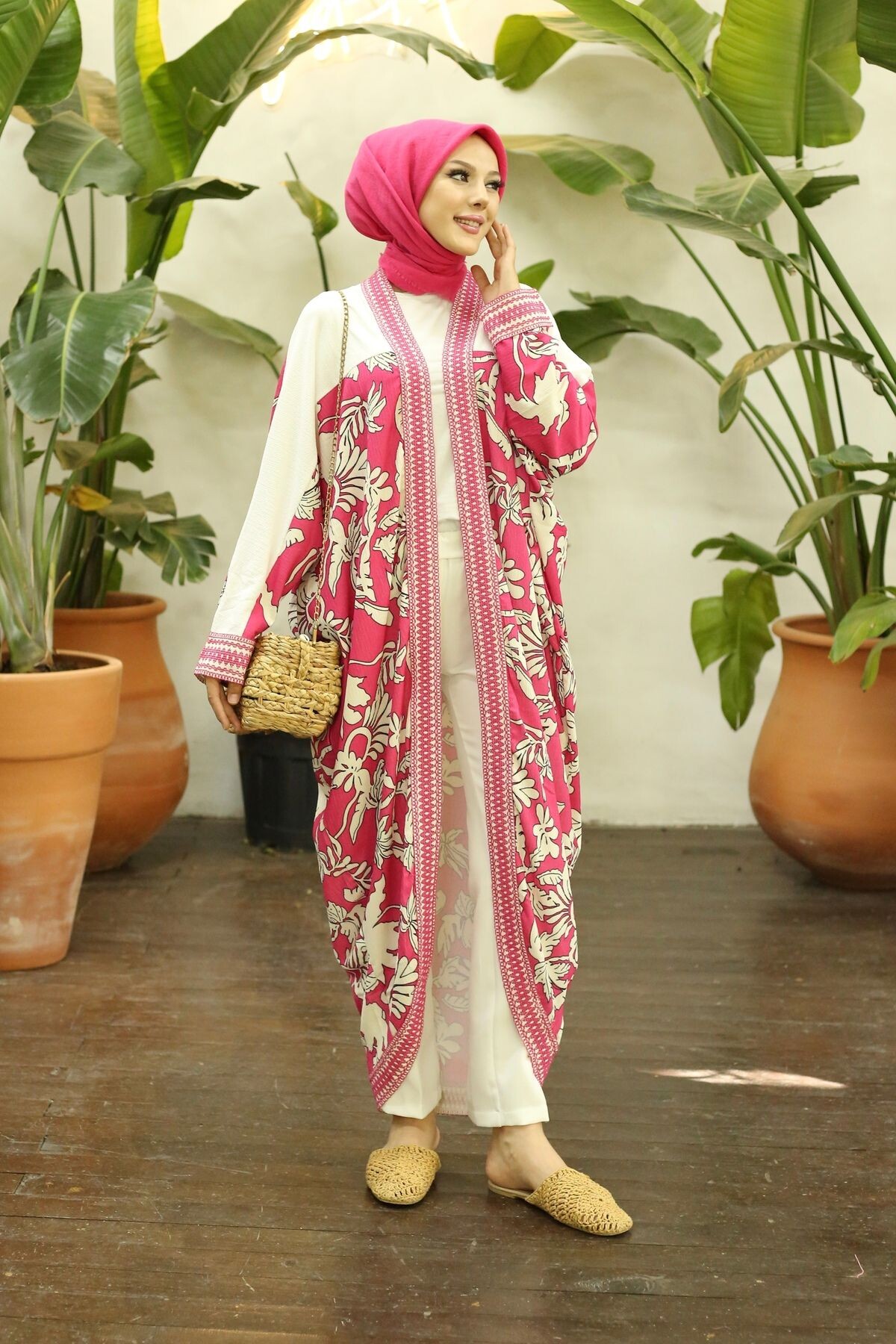 Kadın Desenli Pembe Kimono - 2