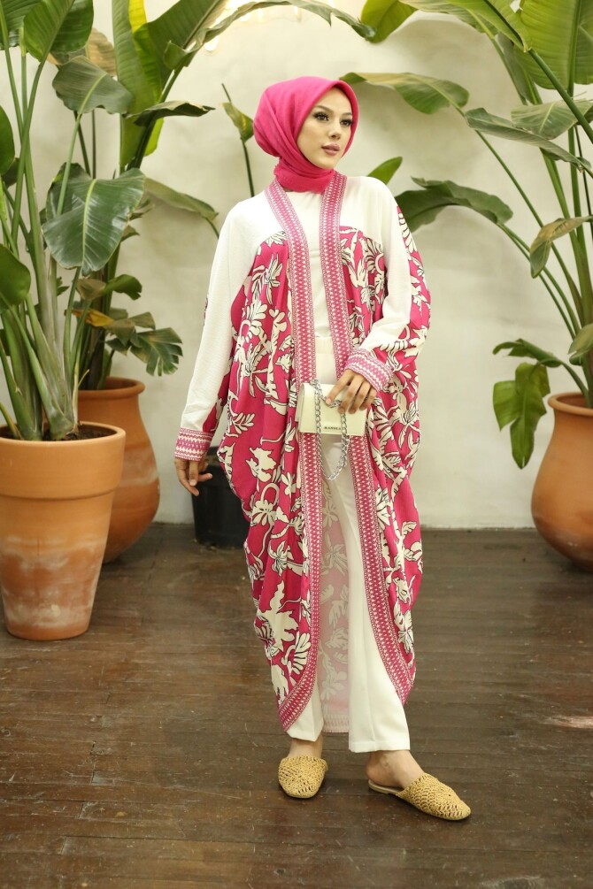 Kadın Desenli Pembe Kimono - 6