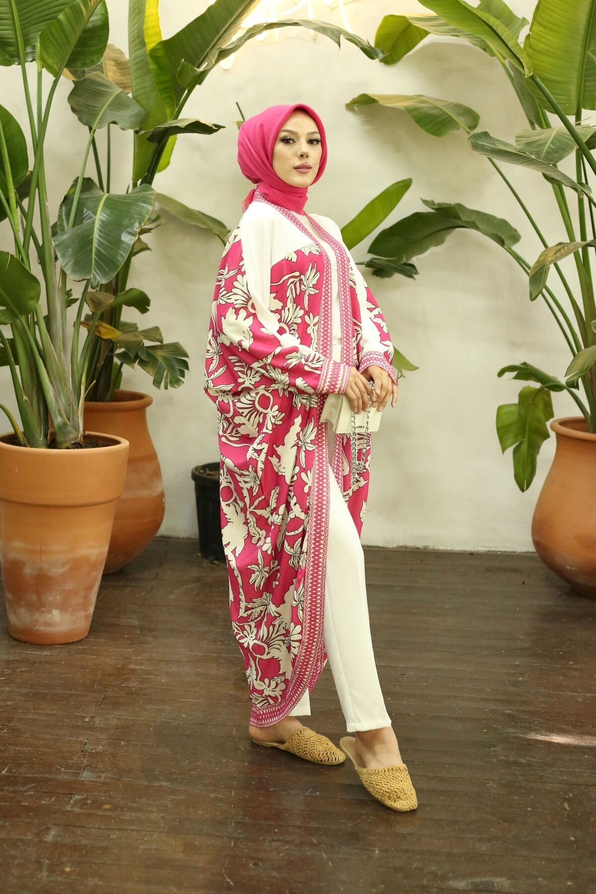 Kadın Desenli Pembe Kimono - 7