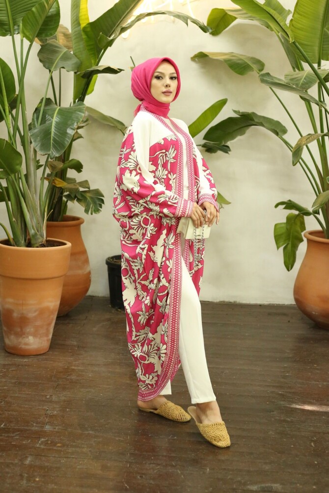 Kadın Desenli Pembe Kimono - 7