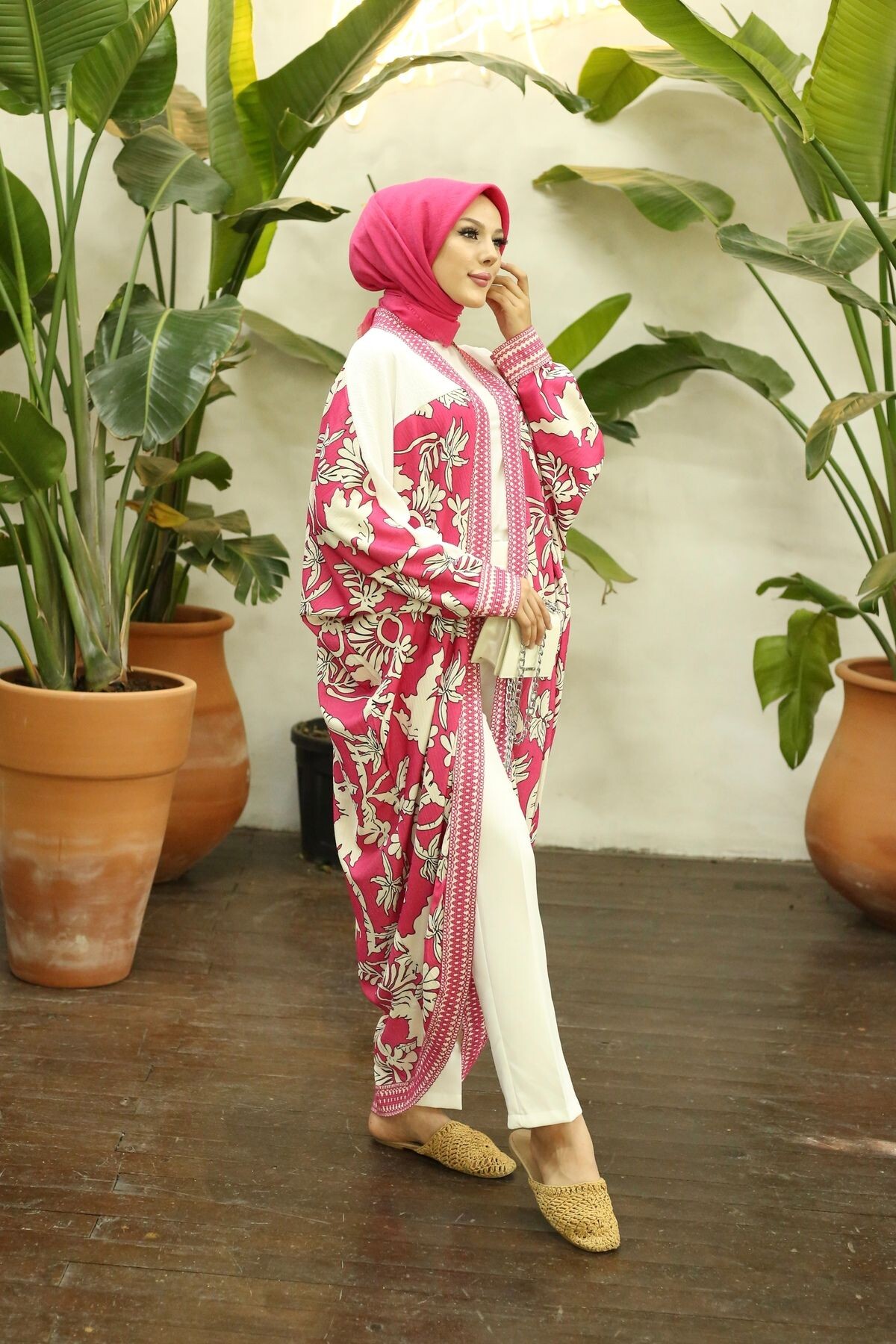 Kadın Desenli Pembe Kimono - 8