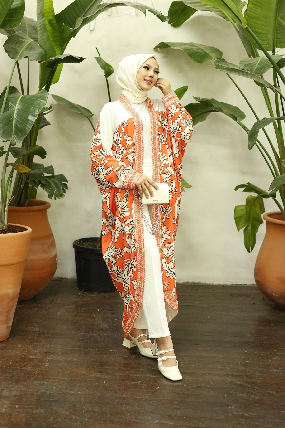 Kadın Desenli Turuncu Kimono - 2