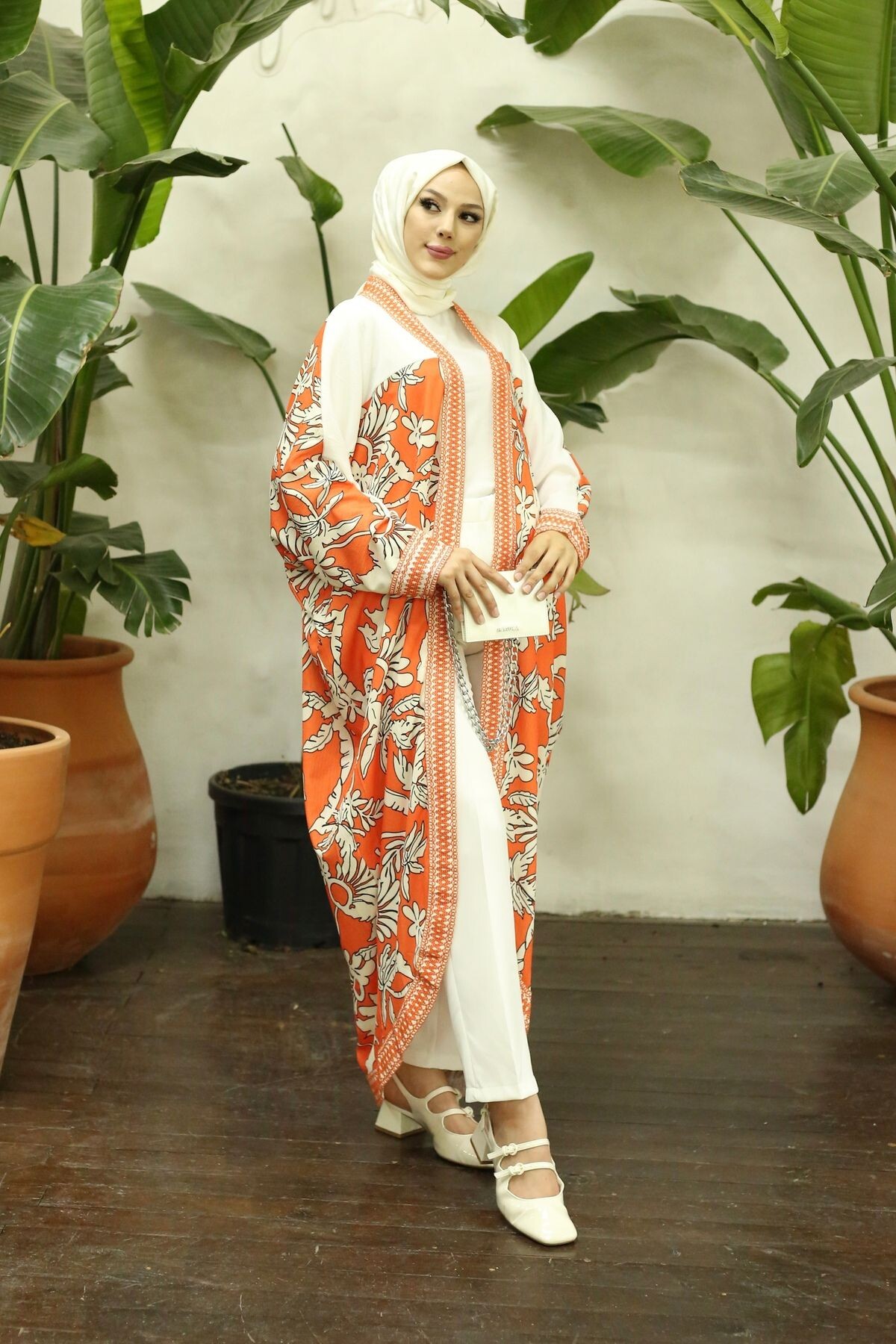 Kadın Desenli Turuncu Kimono - 3