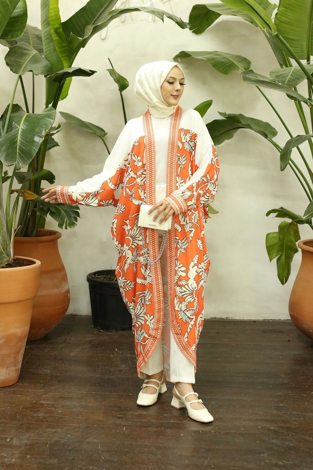 Kadın Desenli Turuncu Kimono - 4