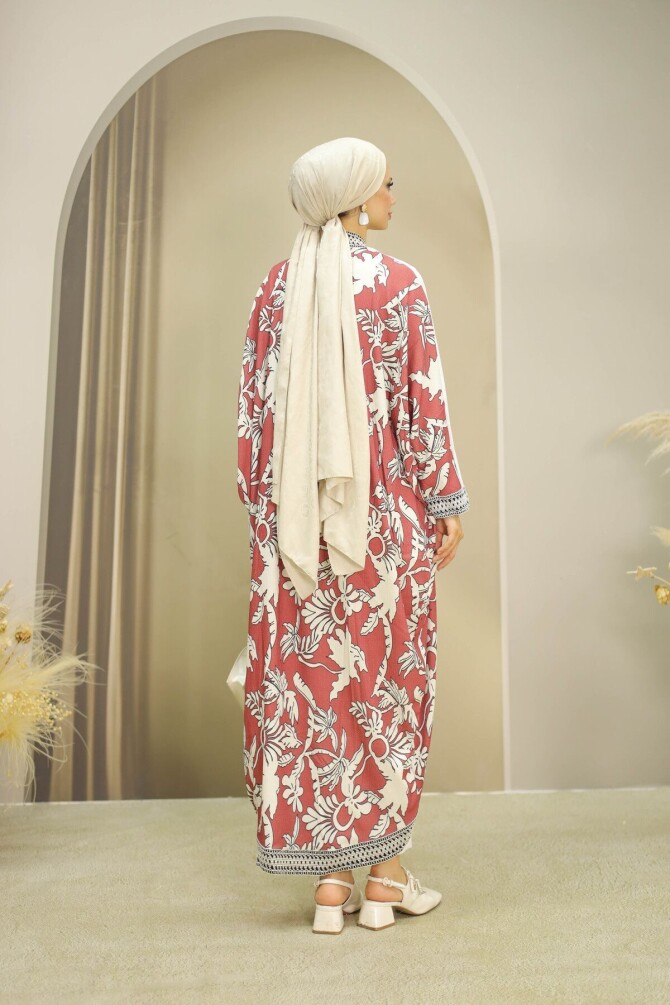 Kadın Desenli Vişne Kimono - 4