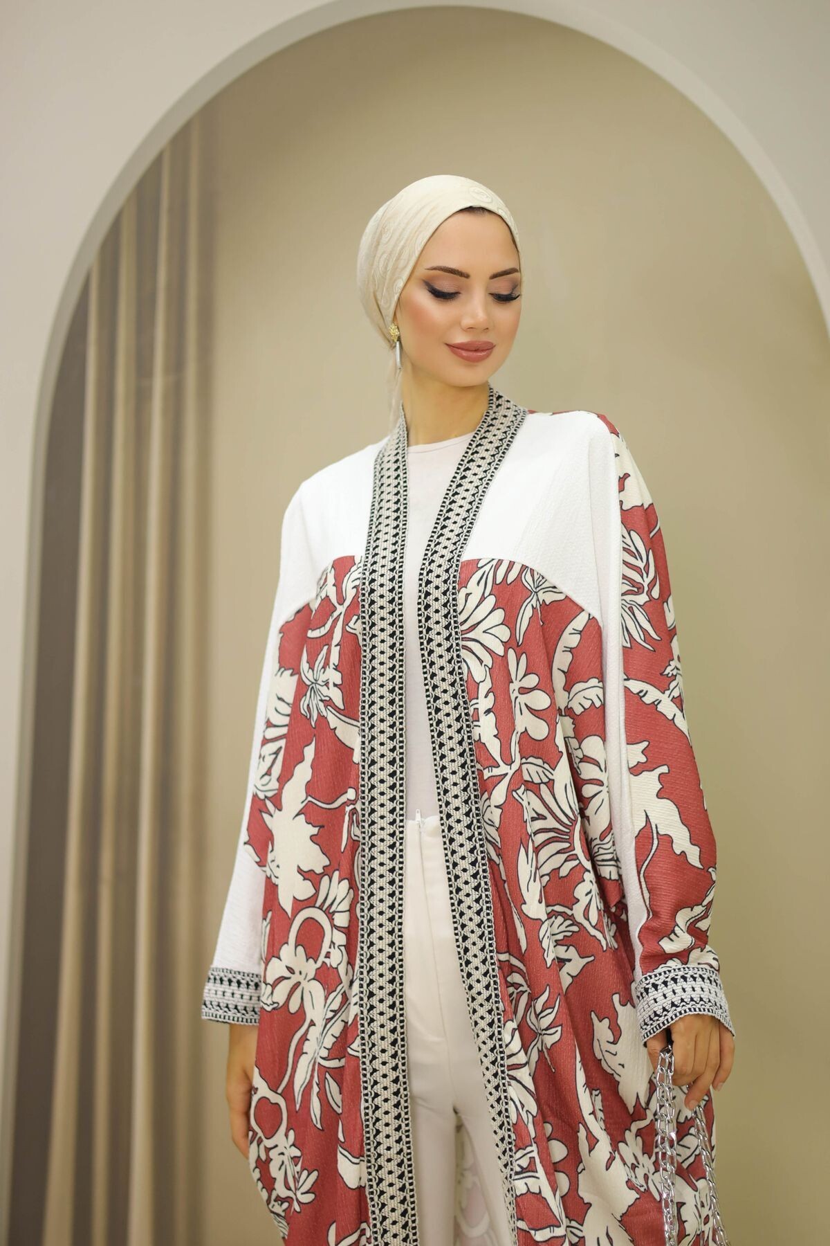 Kadın Desenli Vişne Kimono - 5