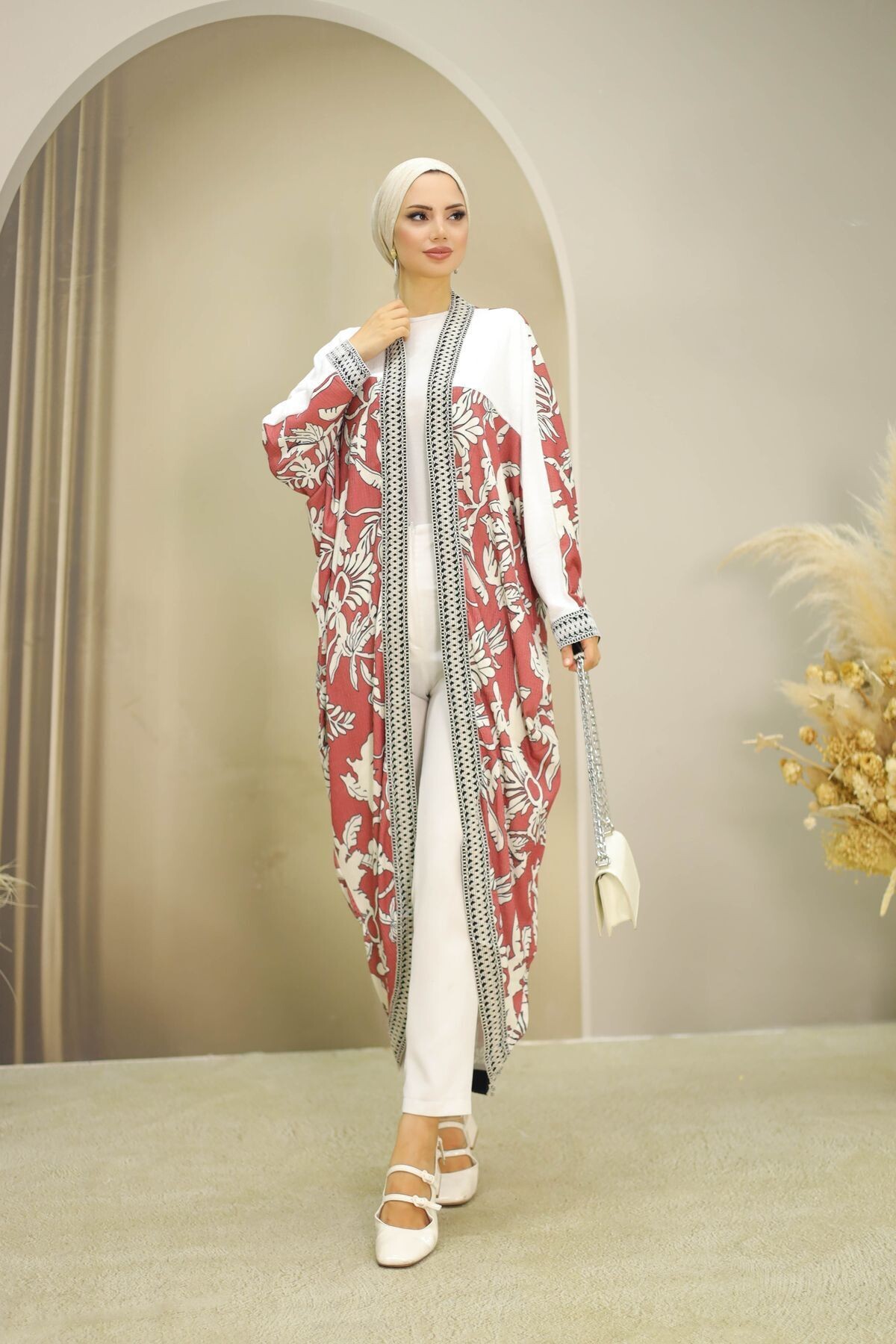 Kadın Desenli Vişne Kimono - 6