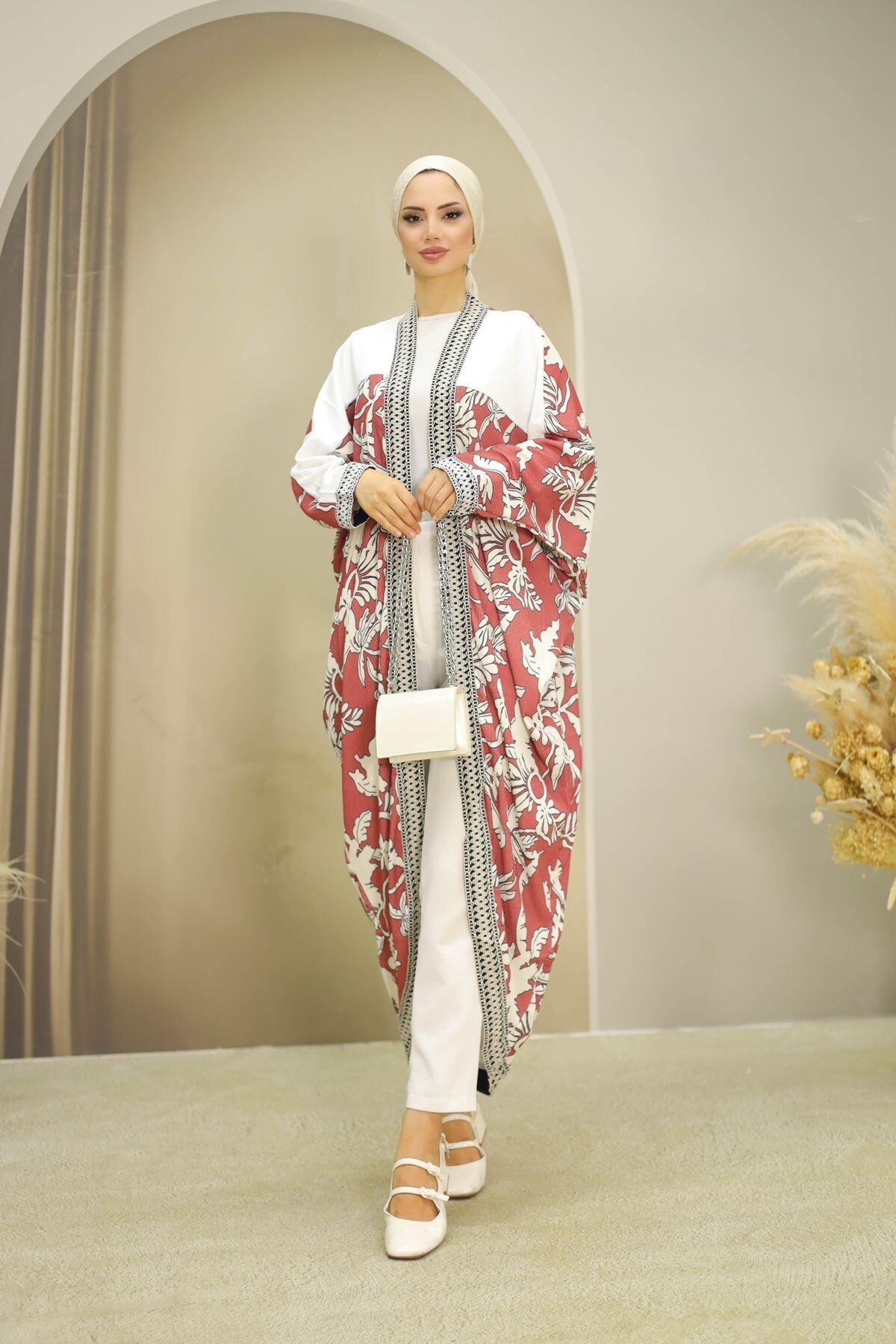 Kadın Desenli Vişne Kimono - 7