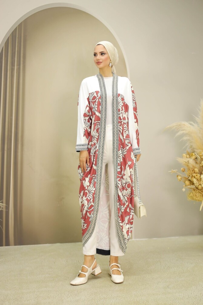 Kadın Desenli Vişne Kimono - 8