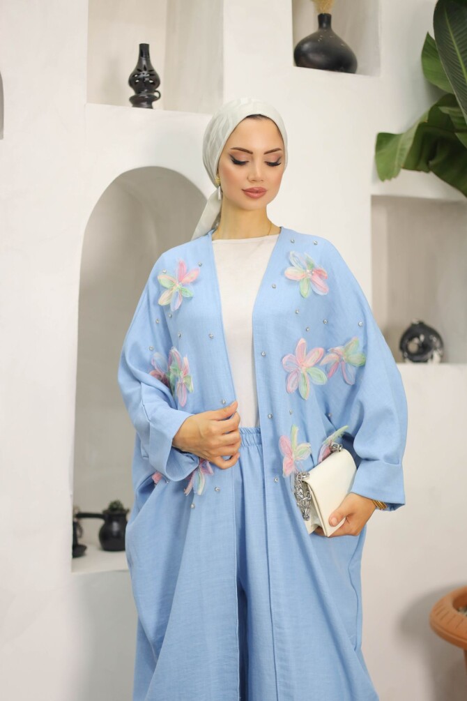 Kadın İkili Bebe Mavisi Kimono Takım Çiçek Desenli - 2