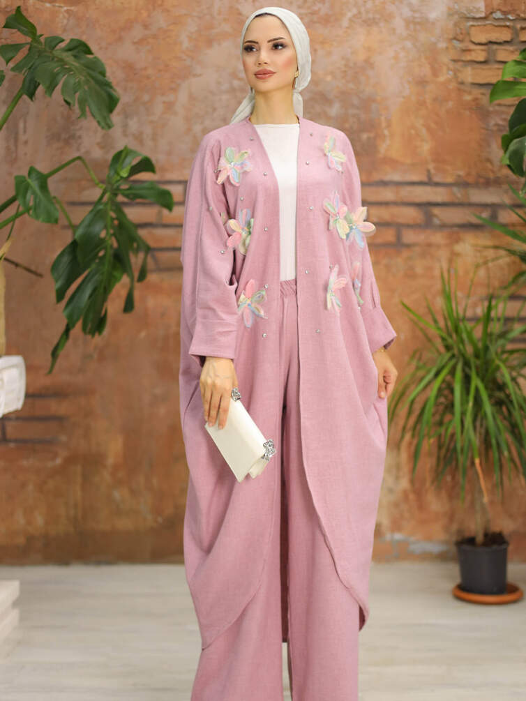 Kadın İkili Kimono Takım Çiçek Desenli - 3