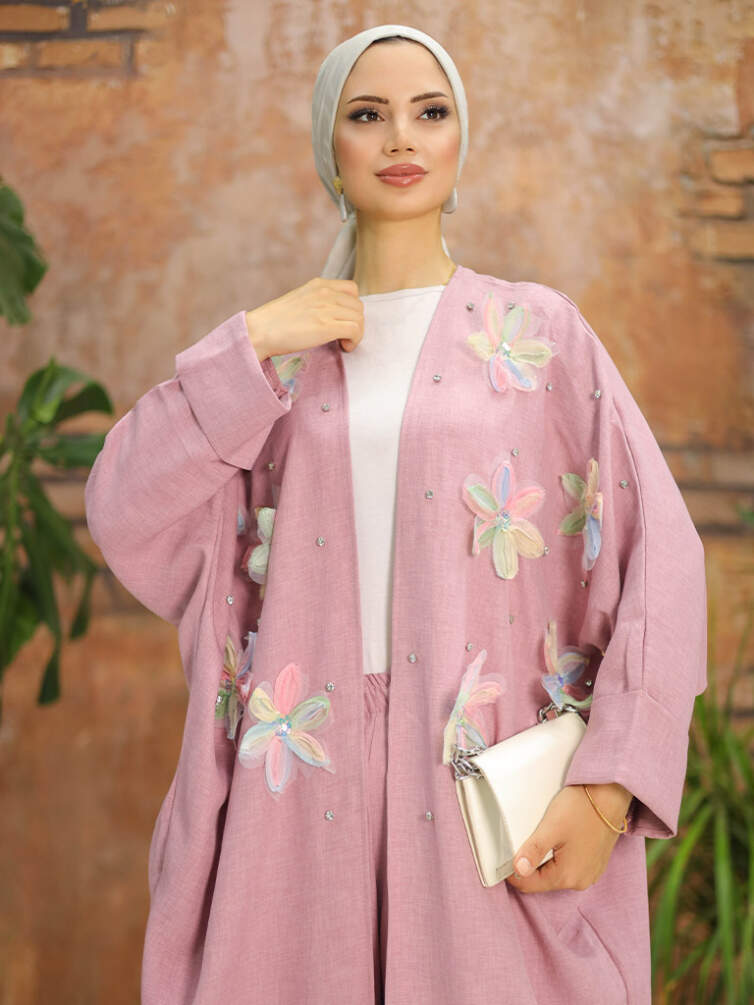 Kadın İkili Kimono Takım Çiçek Desenli - 1