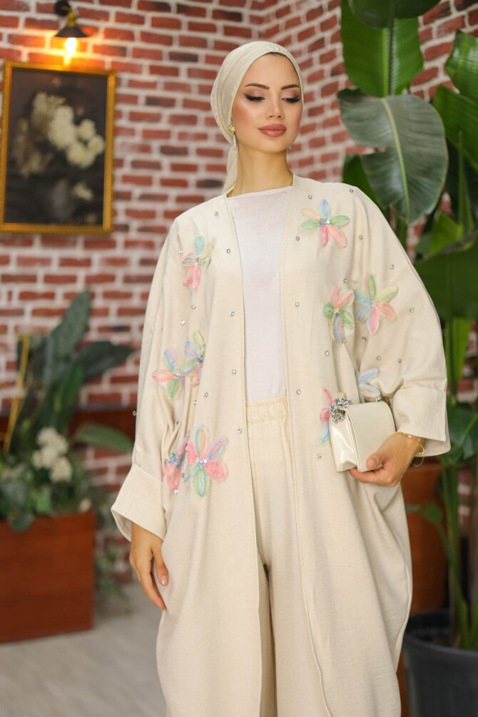 Kadın İkili Krem Kimono Takım Çiçek Desenli - 3