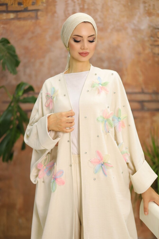 Kadın İkili Krem Kimono Takım Çiçek Desenli - 5