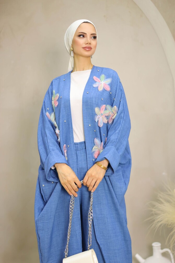 Kadın İkili Mavi Kimono Takım Çiçek Desenli - 2