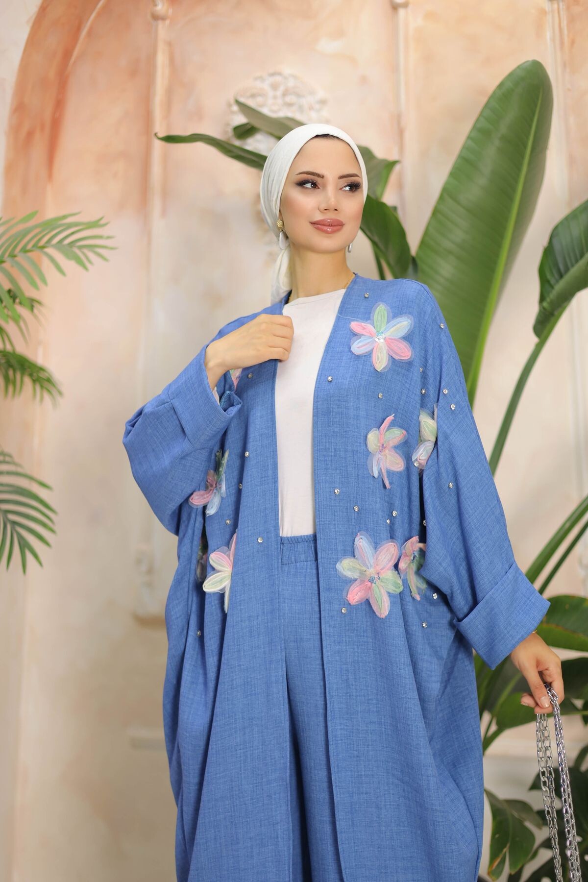 Kadın İkili Mavi Kimono Takım Çiçek Desenli - 3