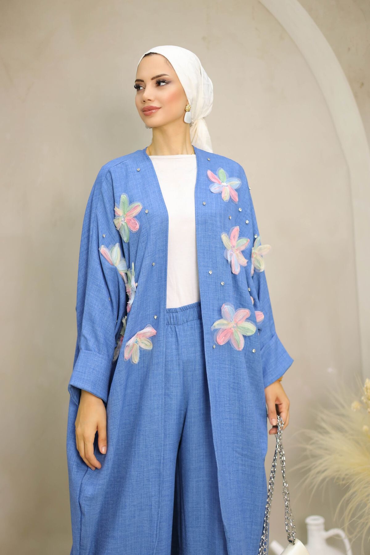 Kadın İkili Mavi Kimono Takım Çiçek Desenli - 5