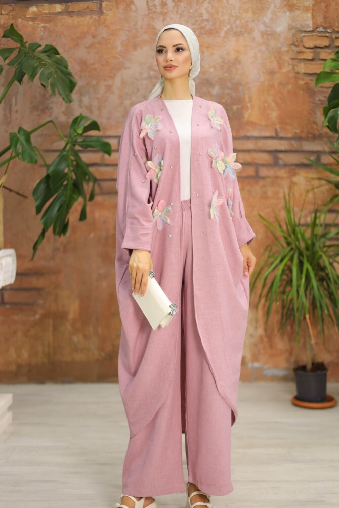 Kadın İkili Pembe Kimono Takım Çiçek Desenli - 1