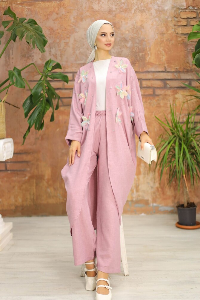 Kadın İkili Pembe Kimono Takım Çiçek Desenli - 5