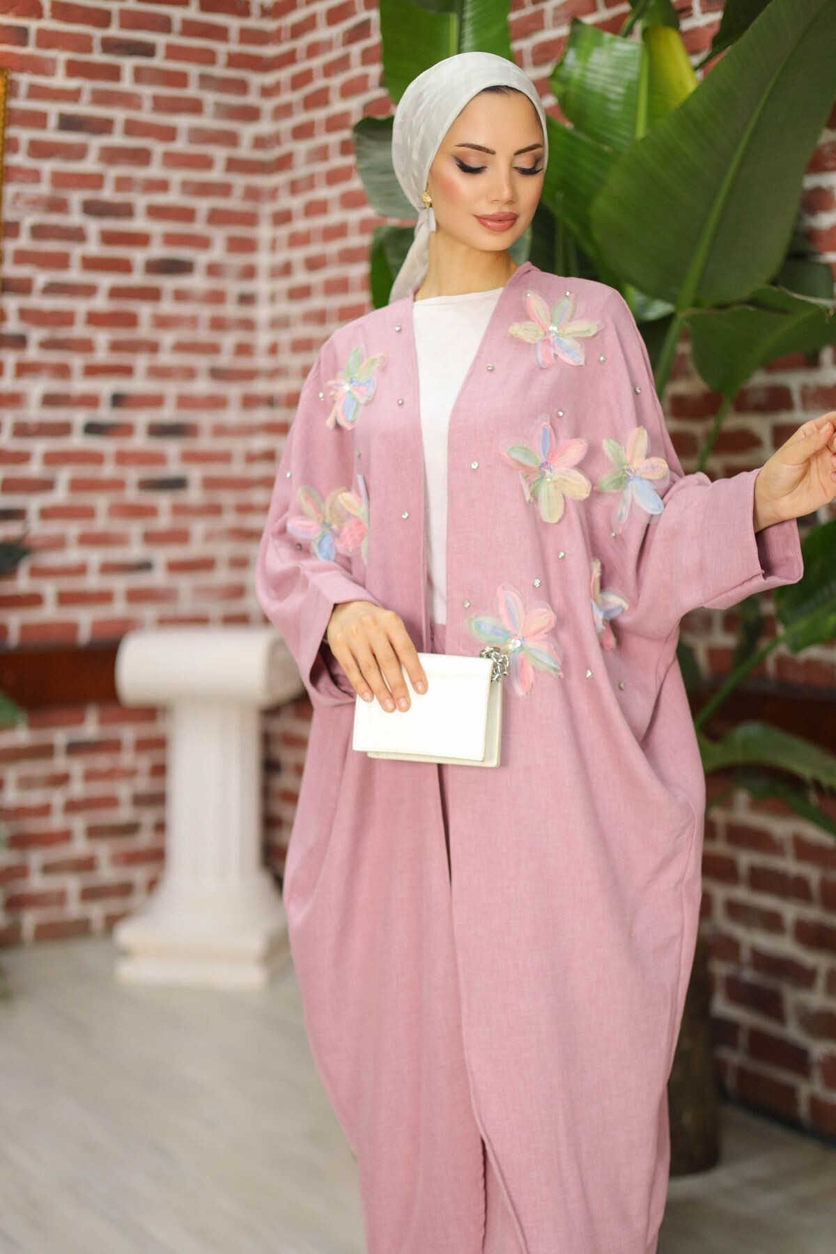 Kadın İkili Pembe Kimono Takım Çiçek Desenli - 6