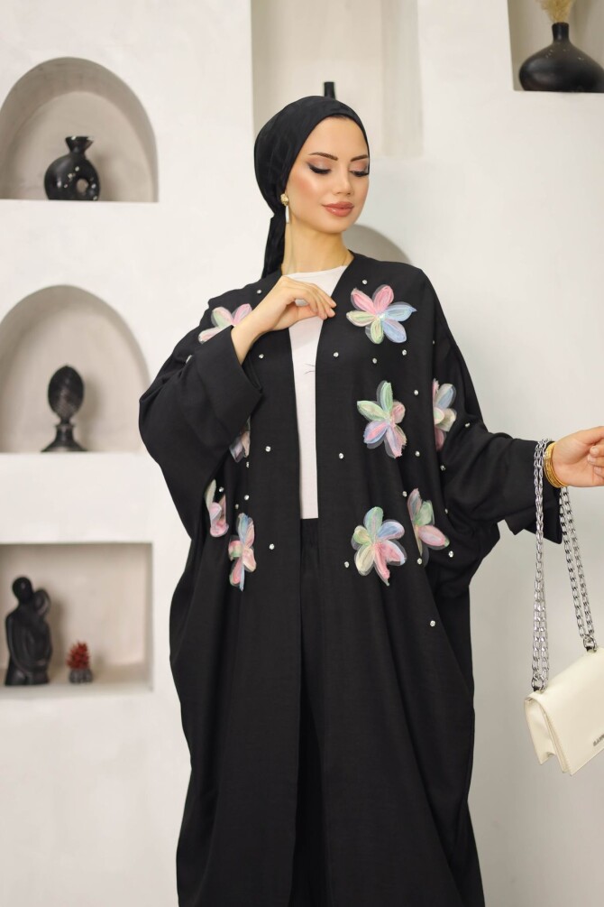 Kadın İkili Siyah Kimono Takım Çiçek Desenli - 3