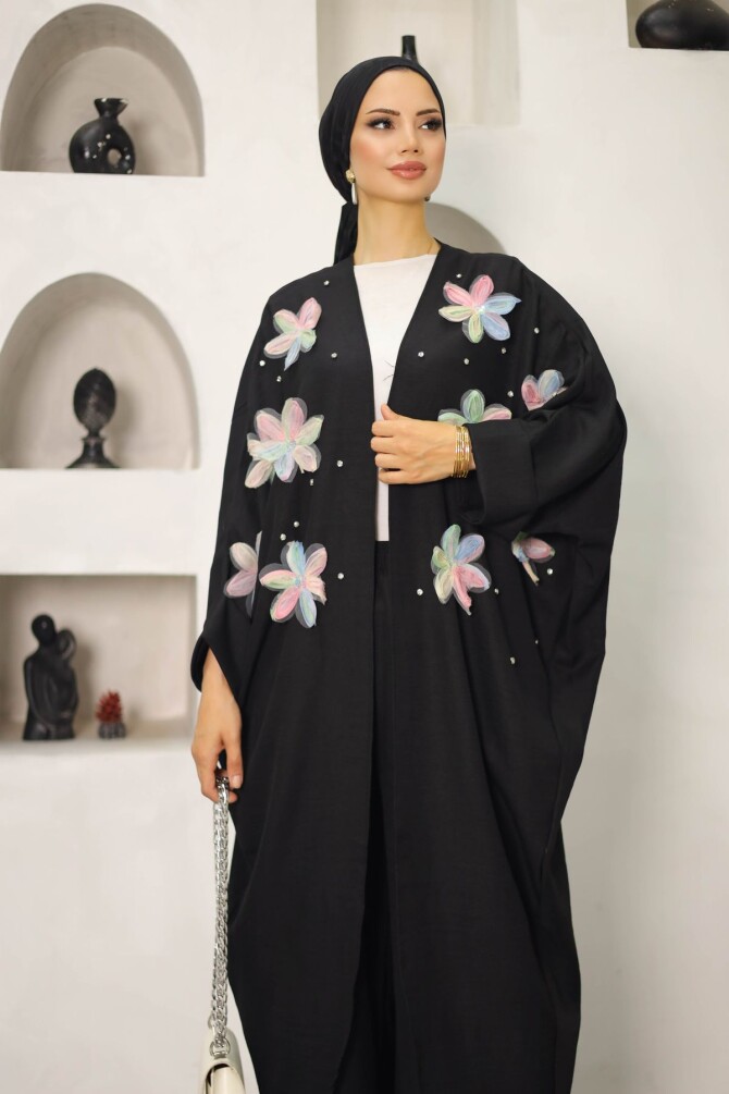 Kadın İkili Siyah Kimono Takım Çiçek Desenli - 4