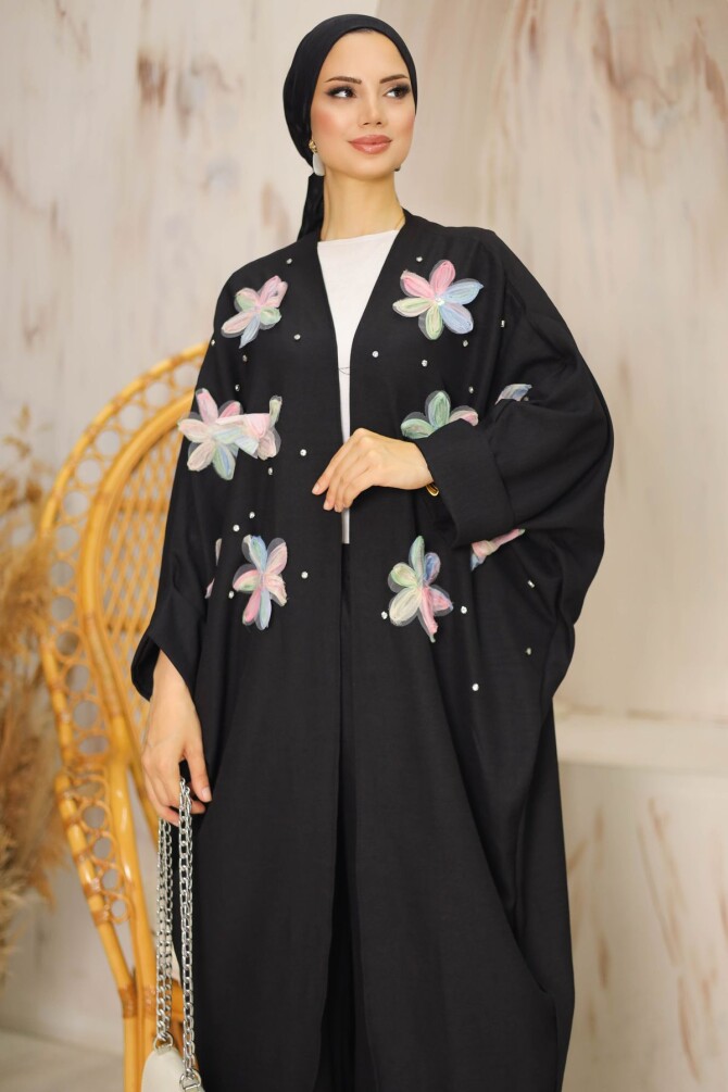 Kadın İkili Siyah Kimono Takım Çiçek Desenli - 6