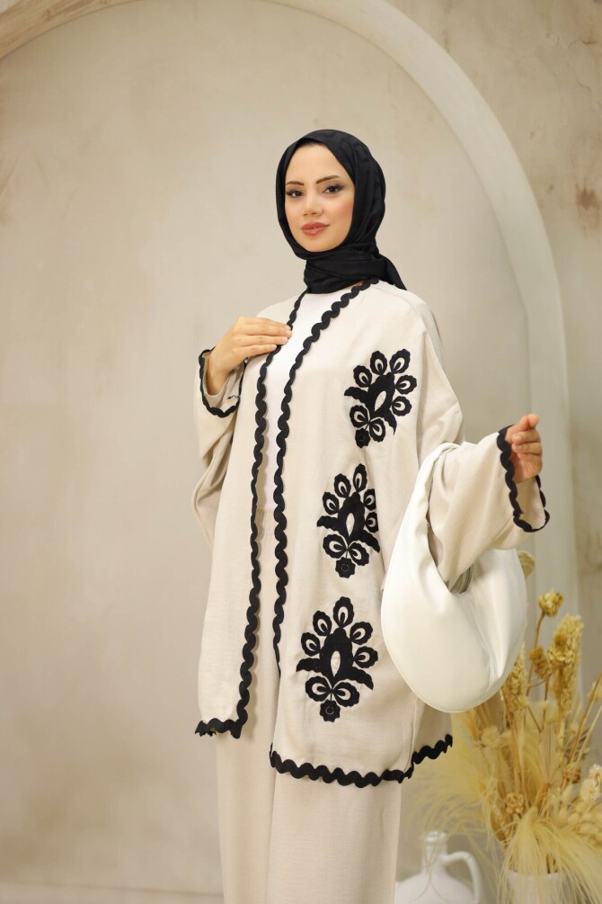 Kroşetalı Süzene İşlemeli Ceketli Ekru Kimono Takım - 7