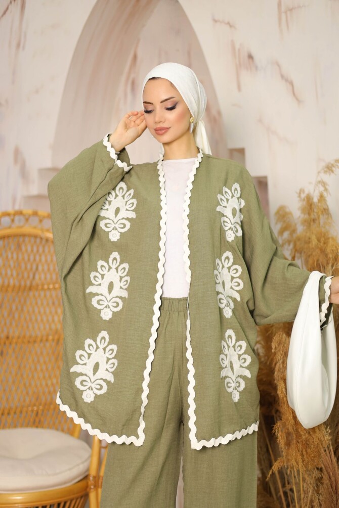 Kroşetalı Süzene İşlemeli Ceketli Haki Kimono Takım - 5