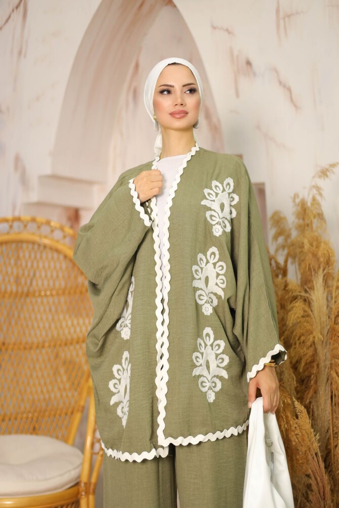 Kroşetalı Süzene İşlemeli Ceketli Haki Kimono Takım - 6