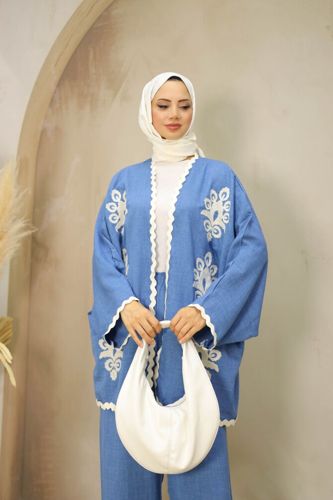 Kroşetalı Süzene İşlemeli Ceketli Mavi Kimono Takım - 6