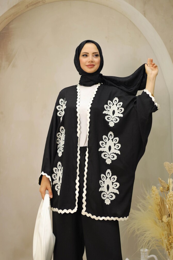 Kroşetalı Süzene İşlemeli Ceketli Siyah Kimono Takım - 7