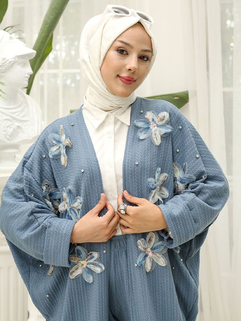 Çiçek Ve İnci Detaylı Uzun Hırkalı Jakar Kumaş İkili Kimono Takım - 11